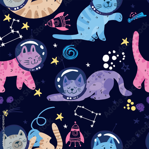Kids cute seamless pattern with cat in space. Space background. print for T-shirts, textiles, wrapping paper, web. 
