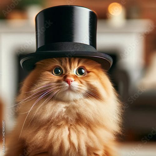 chat caramel poilu avec un chapeau haut de forme noir © Stephane