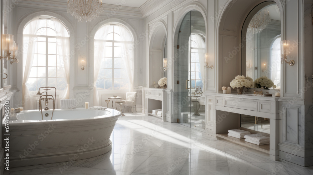 an elegant bathroom with a large marble tub and a vanity with double sinks