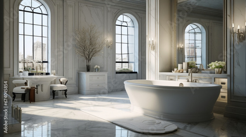 an elegant bathroom with a large marble tub and a vanity with double sinks