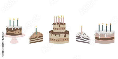 Cakes and pieces of cakes with candles isolated on a white background. Vector illustration for cards, stickers, banners and web resources.