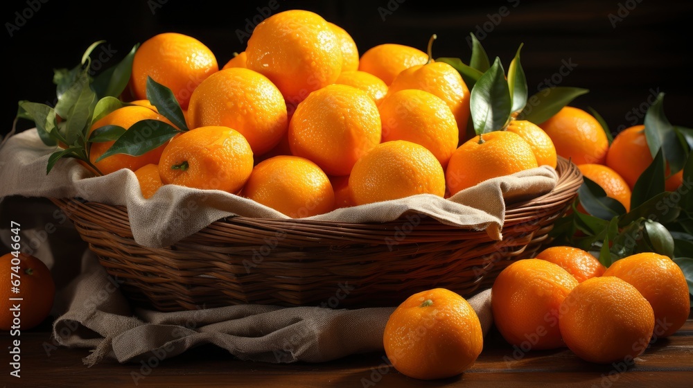 Basket Fresh Ripe Mandarins On Table, Bright Background, Background Hd