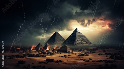 ancient egyptian pyramids on a dark night and many storms photo