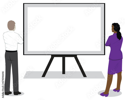 vector design of two people, both men and women wearing white and purple office work clothes, standing with their arms crossed while facing forward looking at a plain white board