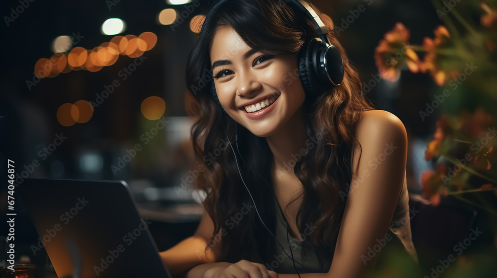 A young Asian woman creates content in her home recording studio with a laptop and microphone, recording a podcast, and doing a live stream. Working from home. A young Asian woman creates content in her home recording studio with a laptop and microphone, recording a podcast, and doing a live stream. Working from home.