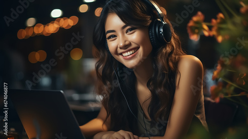 A young Asian woman creates content in her home recording studio with a laptop and microphone, recording a podcast, and doing a live stream. Working from home. 