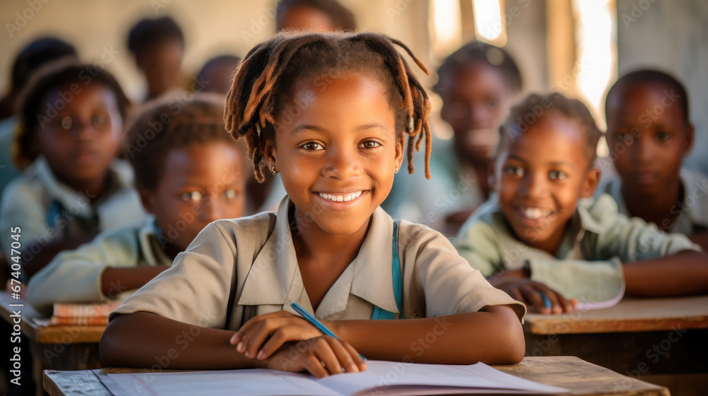dark-skinned African student at a desk in a school class raises his hand, child, smart kid, children, study, learning, classroom, knowledge, lesson, pupil, boy, girl, team, friends, smile, portrait dark-skinned African student at a desk in a school class raises his hand, child, smart kid, children, study, learning, classroom, knowledge, lesson, pupil, boy, girl, team, friends, smile, portrait
