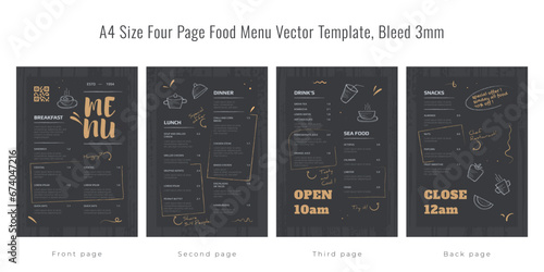 Restaurant cafe menu, template design, A4 size four page food menu template, bleed 3mm