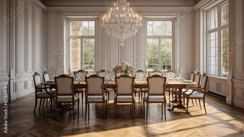 an elegant dining room with a wooden table and chairs and a buffet and a crystal chandelier © Textures & Patterns