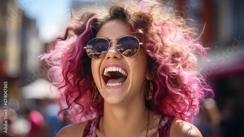 Cheerful Brazilian Woman Laughing Dancing Street, Bright Background, Background Hd