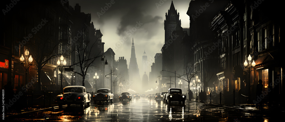 Dark Rainy City And Its Streets.  Illustration On The Theme Of City Life, Comics, Films And Territories. Generative AI