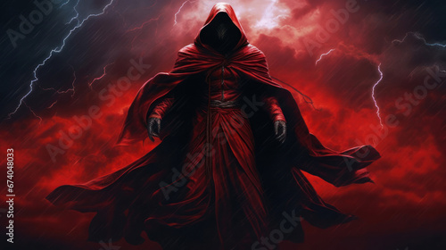 A cloaked figure stands enshrouded in a swirling red mist, with dramatic lightning striking in the background. The image exudes a sense of foreboding and mystique. photo