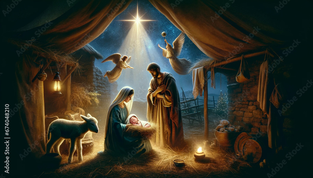 The First Christmas: Beholding the Majestic Nativity Scene with Baby Jesus, Mary, Joseph, and Angels under the Guiding Star of Bethlehem.