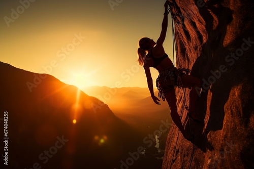 young and attractive woman climbing the rocks