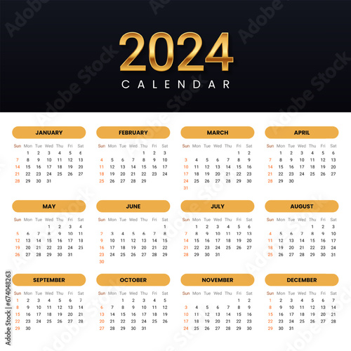 2024 gold calendar. Twelve months on one page. The week begins with Sunday. Vector template
