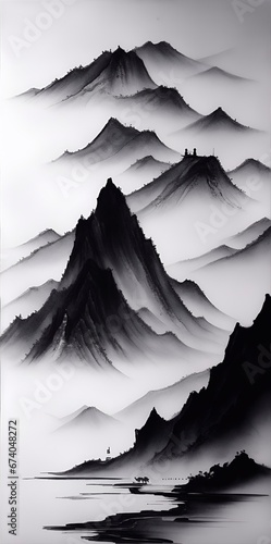 Mountains landscape. Ink asian style painting. AI generaed illustration photo