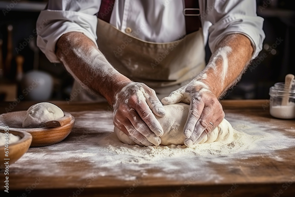 Hands of a baker kneading bread dough.