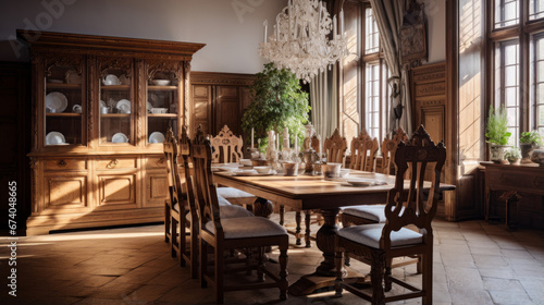 an elegant dining room with a wooden table and chairs and a buffet and a crystal chandelier