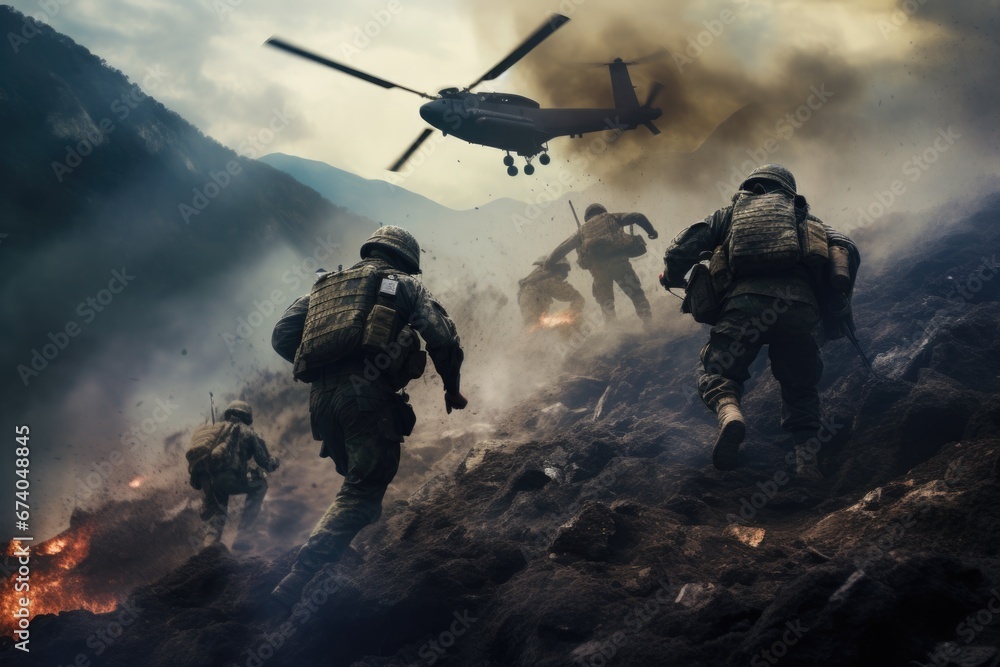 A group of soldiers walking up a hill towards a helicopter. This image can be used to depict military operations, teamwork, and transportation. A group of soldiers walking up a hill towards a helicopter. This image can be used to depict military operations, teamwork, and transportation.