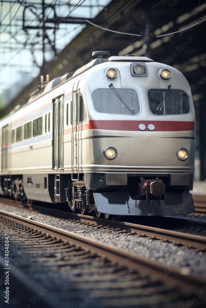 A silver train is pictured traveling down train tracks next to a platform. This image can be used to depict transportation, travel, and commuting.