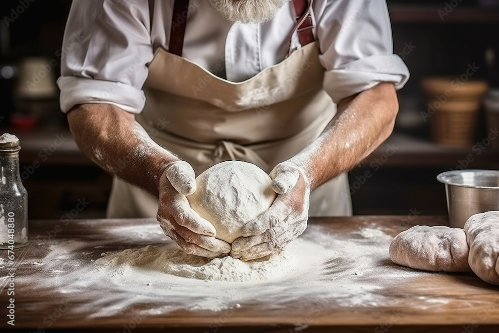 Hands of a baker kneading bread dough.
