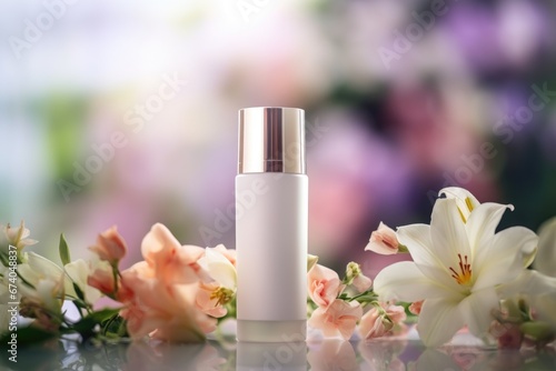 A bottle of perfume sitting on top of a table. Suitable for beauty and fragrance product advertisements. photo