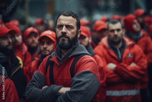 A man with a beard confidently stands in front of a group of workers. This image can be used to represent leadership  teamwork  and collaboration in various industries.