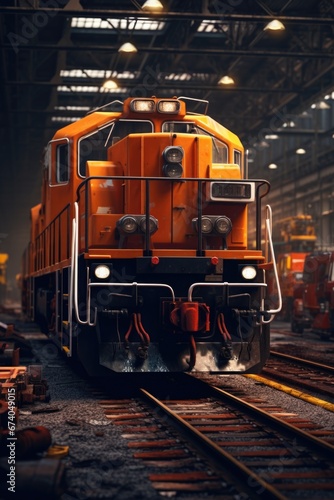 An orange train is pictured on the tracks in a warehouse. This image can be used to depict transportation, logistics, or industrial themes.