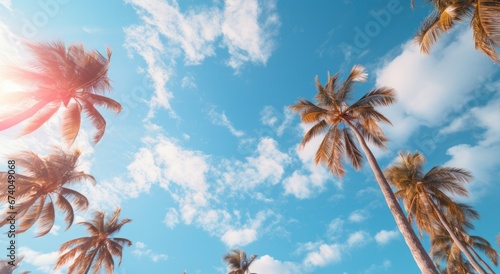 a sunny day over coconut palm trees overlooking the blue sky.