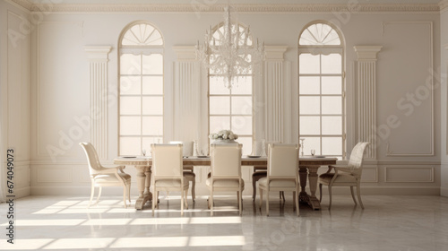 an elegant dining room with white walls and a polished oak floor and a large crystal chandelier