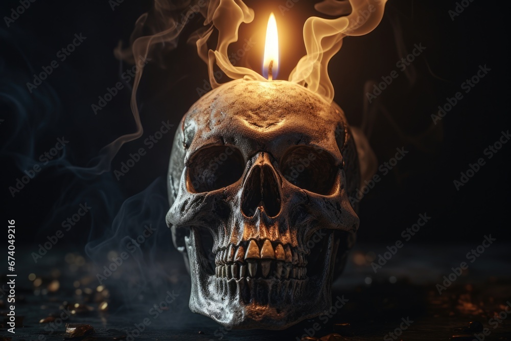 A skull with a lit candle held in its mouth. This image can be used to create a spooky and eerie atmosphere for Halloween-themed designs or for illustrating horror stories and concepts. A skull with a lit candle held in its mouth. This image can be used to create a spooky and eerie atmosphere for Halloween-themed designs or for illustrating horror stories and concepts.