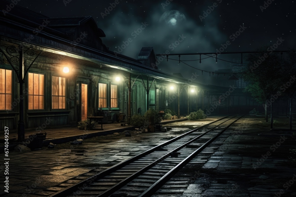 A picture of a train station at night with the lights on. This image can be used to depict a bustling transportation hub or to convey the feeling of travel and adventure. A picture of a train station at night with the lights on. This image can be used to depict a bustling transportation hub or to convey the feeling of travel and adventure.