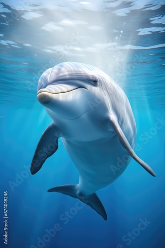 A picture of a dolphin swimming gracefully under the water in the ocean. This image can be used to depict the beauty and elegance of marine life. © Fotograf