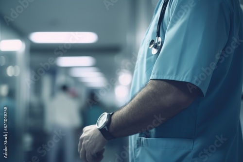 A man wearing scrubs stands in a hospital hallway. This image can be used to represent medical professionals or healthcare settings.
