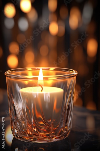 A lit candle in a glass bowl on a table. Can be used for creating a cozy atmosphere or as a decorative element.