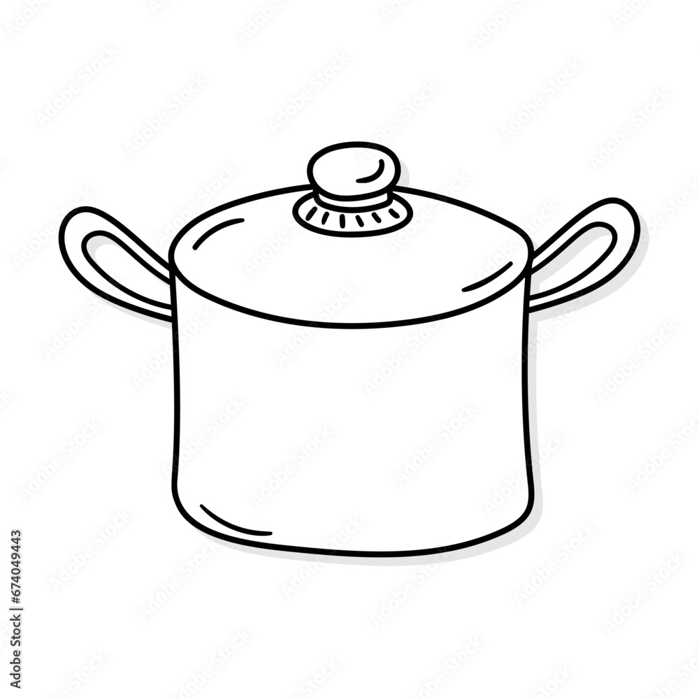 Saucepan with lid vector icon in doodle style. Symbol in simple design. Cartoon object hand drawn isolated on white background. Saucepan with lid vector icon in doodle style. Symbol in simple design. Cartoon object hand drawn isolated on white background.