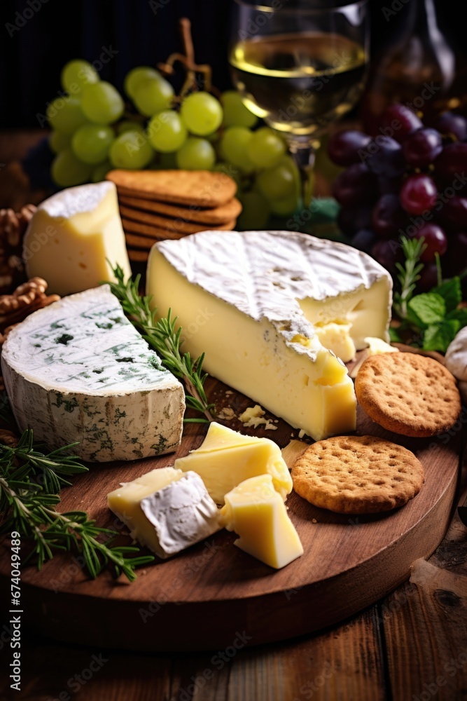 A wooden board topped with a delicious assortment of cheese and crackers. Perfect for a snack or appetizer.