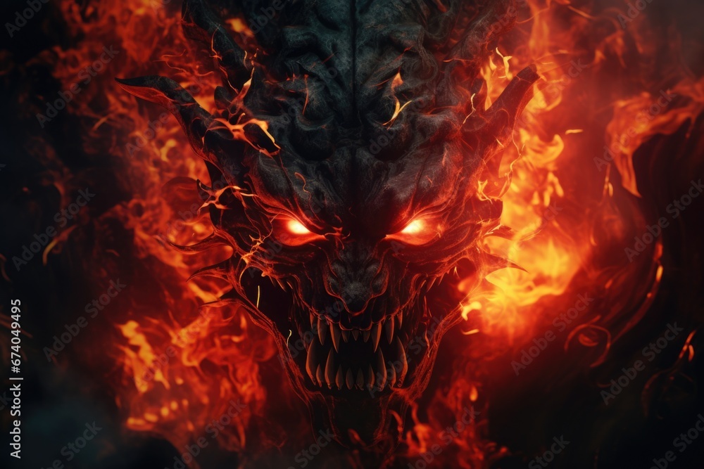 Fototapeta premium A demonic looking fire demon with glowing eyes. Perfect for Halloween-themed designs or illustrations.