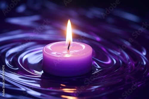 A purple candle gently floating on top of a body of water. This serene image can be used to create a calming atmosphere or to symbolize tranquility and meditation.