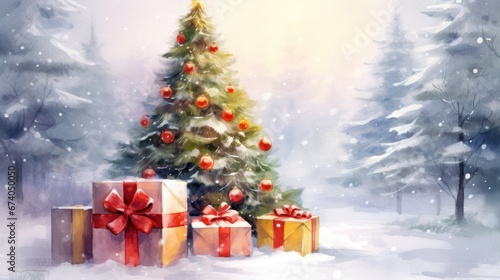 Watercolor cozy little house in winter scene vector illustration, merry christmas postcard design, seasonal new year greetings © vivari_vector