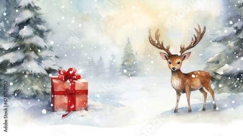 reindeer with christmas gift ,watercolor illustration