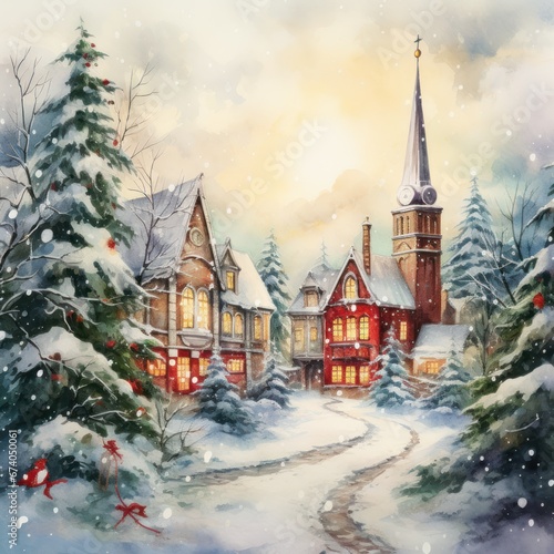 Watercolor cozy little house in winter scene vector illustration  merry christmas postcard design  seasonal new year greetings