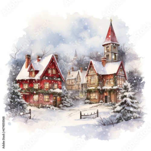Watercolor cozy little house in winter scene vector illustration, merry christmas postcard design, seasonal new year greetings