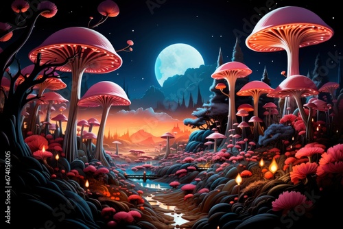 Behold a fairytale illustration where magical mushrooms rise majestically, defining a fantasy world of dreams.