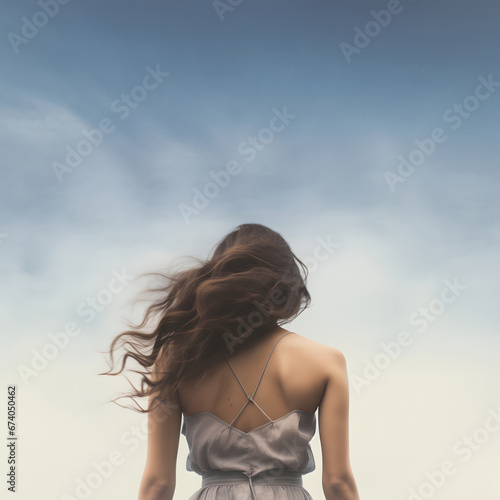 View from behind young woman looking at the sky