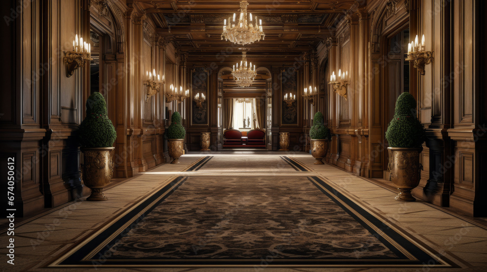 an elegant hallway with a patterned carpet and dark wood paneling