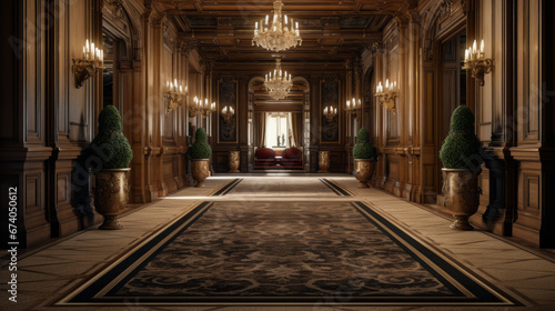 an elegant hallway with a patterned carpet and dark wood paneling