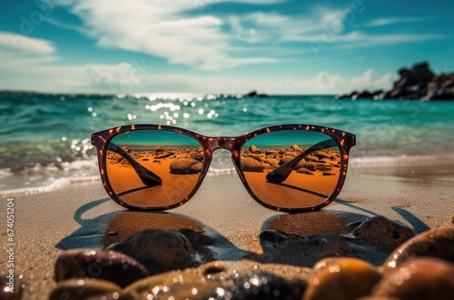 unglasses of various styles reflecting on beach and forest