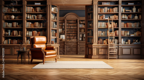 an elegant home library with a wooden floor and tall bookcases and a comfortable reading chair
