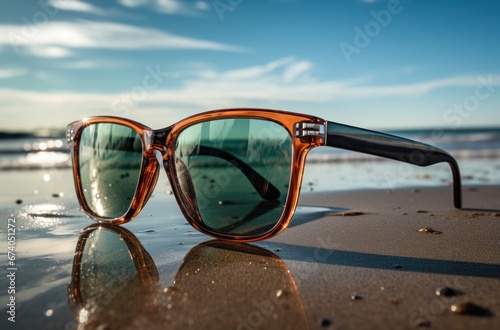 unglasses of various styles reflecting on beach and forest photo